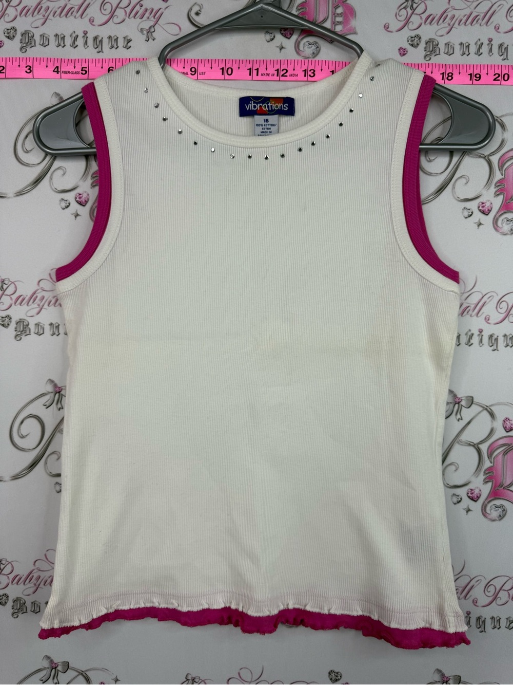 Vibrations tank top y2k white Tank Top with Pink Trim and Rhinestones